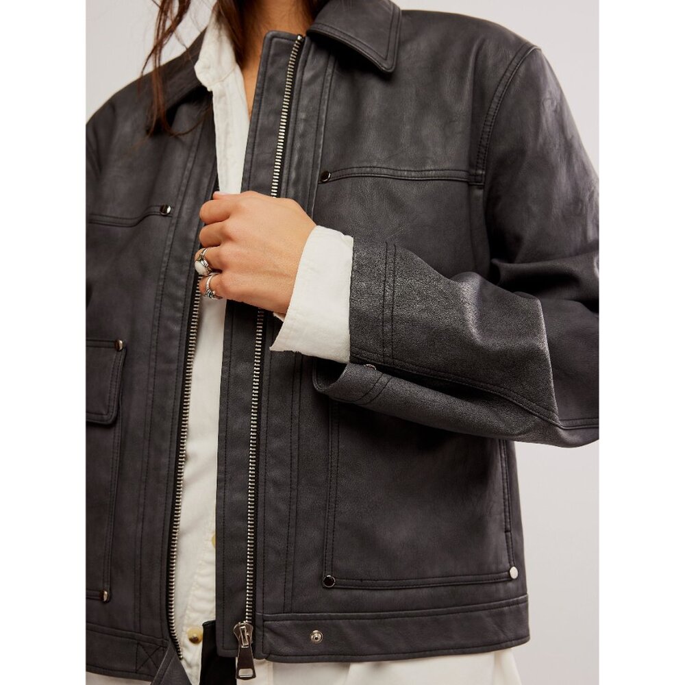 FREE PEOPLE Blair Vegan Leather Jacket / Charcoal Combo - Picture 4 of 9
